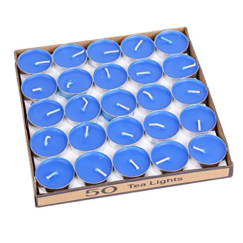 50 Pack Tea lights Candles - Unscented - Smokeless - 2 Hour Burn Time - Decoration for Wedding, Party, Dating and Festival Celebration (Blue)