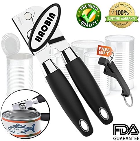 Can Opener Manual Can Openers Smooth Edge Can Opener 304 Stainless Steel Heavy Duty Safety Comfortable to Grip, Ergonomically Designed Handle Lid Lifter Can Opener + Free Beer Bottle Opener