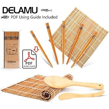 Sushi Making Kit, Bamboo Sushi Mat, Including 2 Sushi Rolling Mats, 5 Pairs of Chopsticks, 1 Paddle, 1 Spreader, 1 Beginner Guide PDF, Roll On, Beginner Sushi Kit