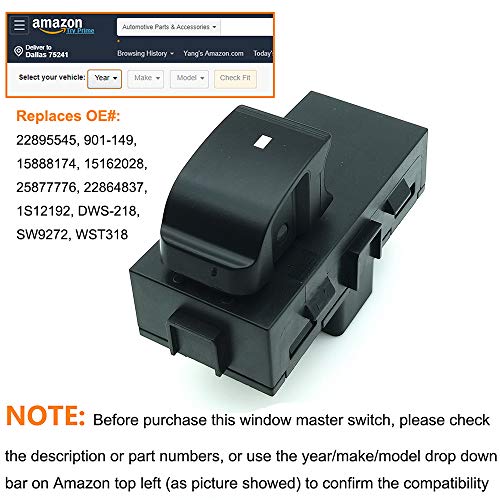 BOPART Power Window Switch Front Right, Rear Left or Right for 2007 2008 2009 2010 2011 Chevy Silverado Tahoe Suburban HHR Avalanche, GMC Acadia Sierra & More Replaces 22895545, 15888174, 901-149