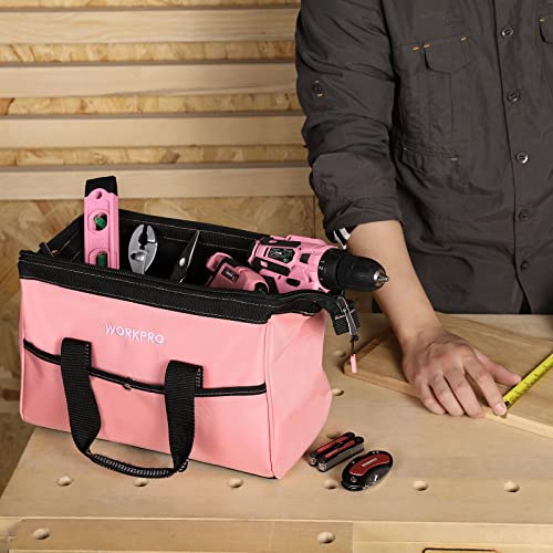 WORKPRO 13-inch Tool Bag, Pink Soft Cloth Tool Bags for Women, Wide Mouth Tool Tote Bag with Inside Pockets for Tool Storage