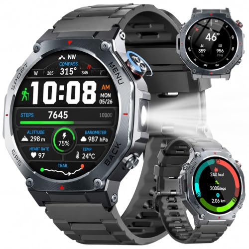 Smart Watch for Men Answer/Make Calls, 1.43" AMOLED Military Smart Watch with GPS/Torch/Compass/Altitude/Heart Rate/Health Monitor/Blood Oxygen, 5ATM Waterproof, 160+ Sports Smartwatch for iOS Android