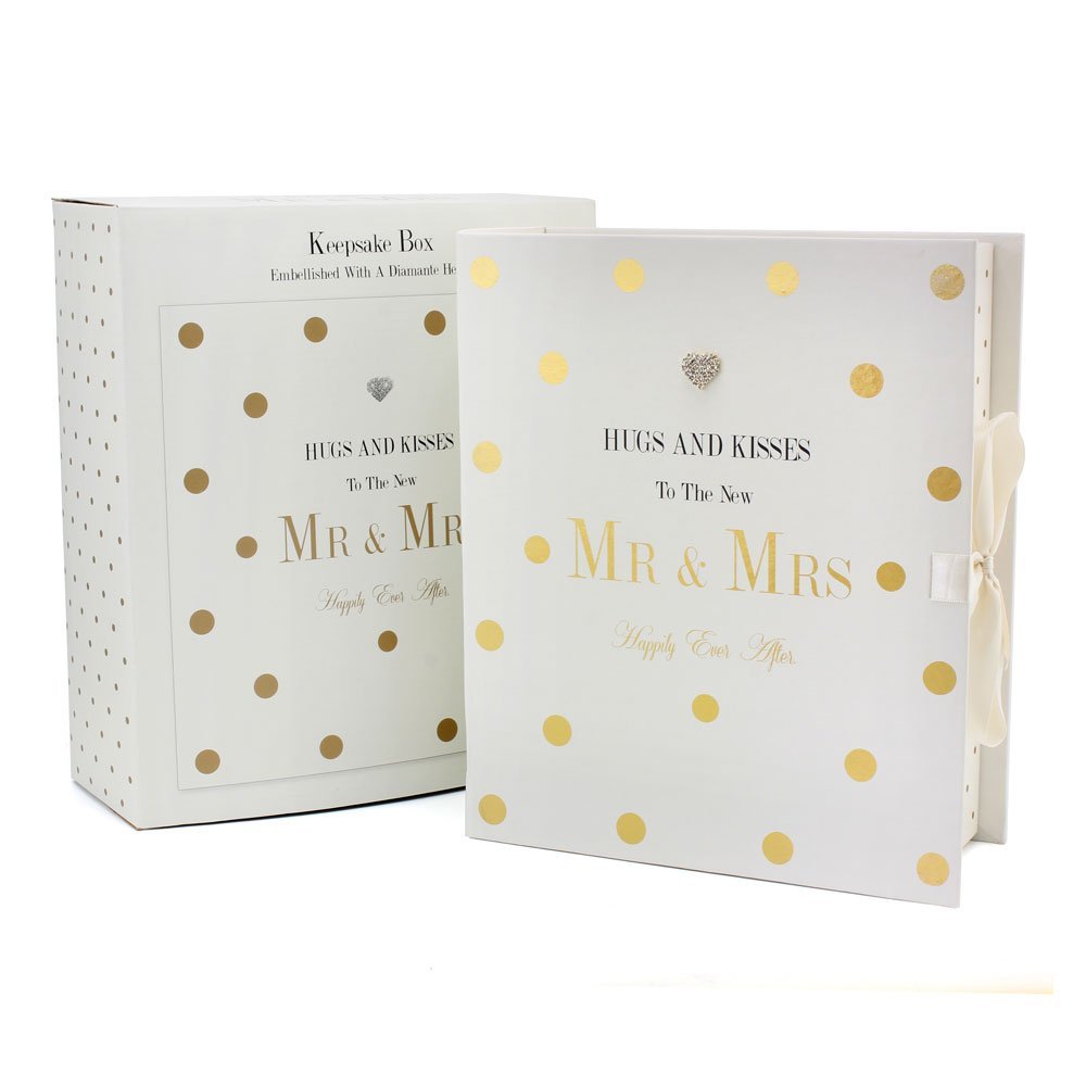 'Hugs and Kisses to the New Mr and Mrs' Keepsake Gift Box. Embellished with a diamante heart. Large 33 x 17 x 33cm