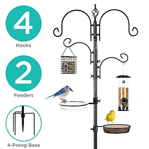 Best Choice Products 91in 4-Hook Bird Feeding Station, Steel Multi-Feeder Stand w/ 2 Feeders, Tray, Bird Bath - Black