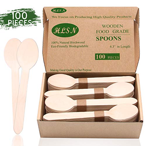 HLSN Packaging Box Disposable Wooden Spoons 100 Pieces, 100 Natural