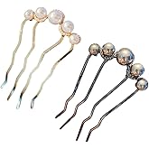 2 Pcs Pearl U Shaped Hair Side Combs for Buns Fashion 4 Prong Hair Updo Hair Sticks Metal Teeth Hair Fork Clips Decoration Hair Styling Accessories (Gold, Black)