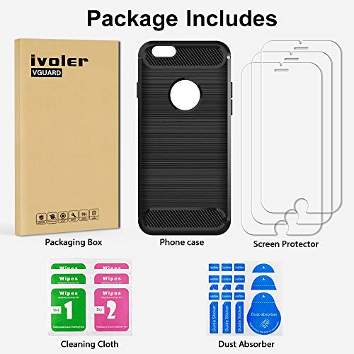 ivoler Coque pour iPhone 6s Plus / 6 Plus + 3X Protecteur D\'écran en Verre Trempé, Fibre de Carbone Silicone Souple TPU Housse Etui Coque de Protection avec Absorption de Choc et Anti-Rayure