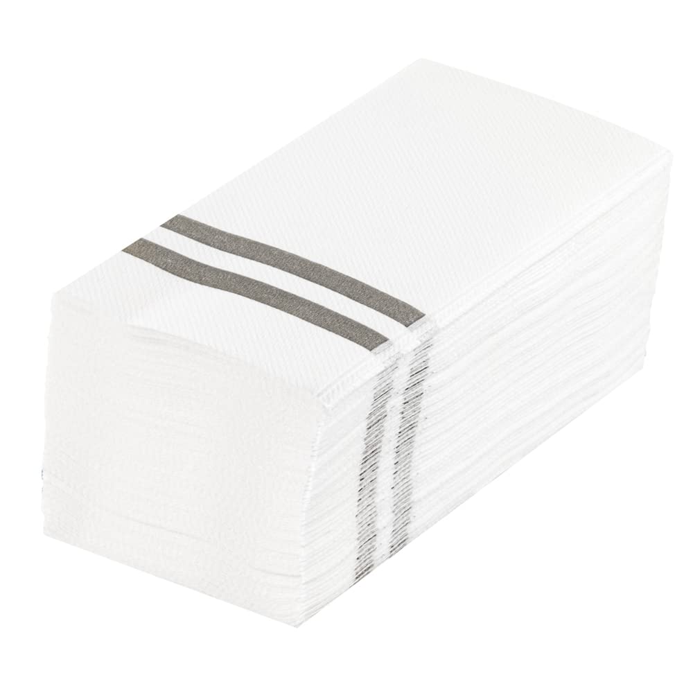 Photo 1 of Luxenap 15.8 X 7.9 Inch Linen-Feel Guest Towels, 50 Silver Striped Hand Towels - ¼ Fold, airlaid, White Paper Dinner Napkins, Disposable, For Restrooms, Kitchens, And Tables - Restaurantware