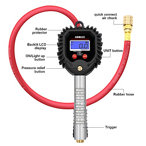 GOOLOO Digital Tire Pressure Gauge, 255 PSI Tire Inflator Air Chuck and Compressor Accessories Heavy Duty with 360 Degree Rotatable Rubber Hose, Quick Connect Plug for 0.1 Display Resolution, Black