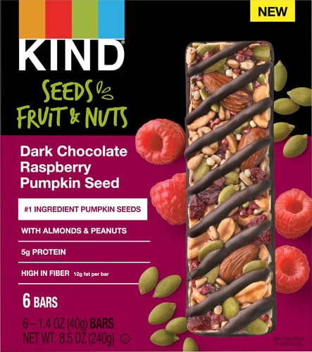 KIND HEALTHY SNACKS BARS, DARK CHOCOLATE RASPBERRY PUMPKIN SEED, GLUTEN FREE, HIGH FIBER SNACKS, 5G PROTEIN, 6 COUNT