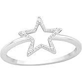 Pierced Owl 925 Sterling Silver CZ Crystal Star Outline Ring