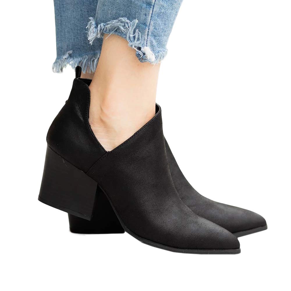 LAICIGO Women's Pointed Toe Side V Cutout Chunky Block Low Heel Western Ankle Bootie