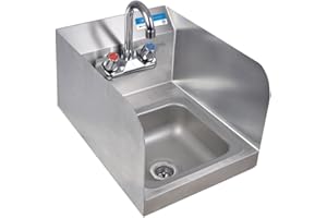 BK Resources Space Saver Stainless Steel Wall Mount Commercial Hand Sink With Faucet, 9" x 9" Bowl Size, Side Splash Guards, Splash Mount Faucet Holes, Heavy Duty Commercial Food Service, NSF