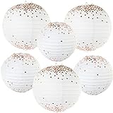 Andaz Press Rose Gold Copper Foil Polka Dot Hanging Paper Lantern Decor Kit, 6-Pack Set with Free Gifts Table Party Sign, Indoor Outdoor Hanging Lantern for Kids Birthday, Wedding, Baptism