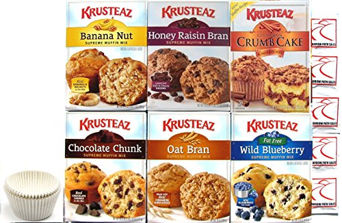 Krusteaz Muffin Mix Variety Pack #1 + Baking Liners + Sanitizing Hand Wipes. Cinnamon Crumb Cake; Wild Blueberry; Chocolate Chunk; Banana Nut; Honey Raisin Bran; Oat Bran, Bundle of 6, Food Gift Box