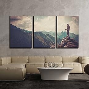 3 Piece Canvas Wall Art - Woman Hiker on a Top of a Mountain - Modern Home Art Stretched and Framed Ready to Hang - 16"x24"x3 Panels