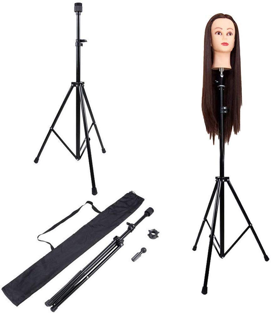 Metal Adjustable Hairdressing Training Tripod Stand Barber Mannequin Head Wig Holder Stick for Hairdresser Training Stainless Portable and Fold Wig Tripod Stand with Carry Bag for Barbershop or Home