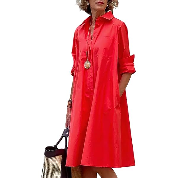 Women's Red Cotton Linen Button Down Shirt Dress V Neck Loose Fit Midi  Length Floral Maxi Shirt Dresses for Women L at Amazon Women's Clothing  store