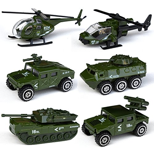 Tianmei 6 Cars in 1 Set Military styling 1:87 Alloy Diecast Vehicle Models Collection Kids Toy, Armament series Helicopter Tank Jeep Truck Armored Car (6pieces - Army)