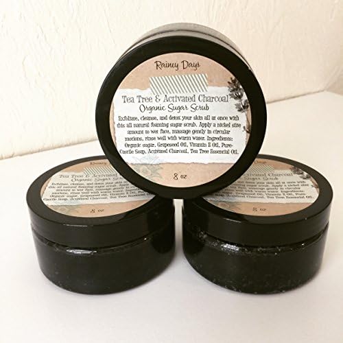 Rainey Days All Natural Tea Tree &amp; Activated Charcoal Organic Foaming Sugar Scrub 8 oz Great for Acne, Minimizes Pores, Oily Skin, Anti-aging, Acne Scars, Blackheads