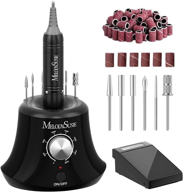 MelodySusie Elektrische Nagelfräser 30000 U/Min Professionelle Elektrische Nagelfeile Maniküre Pediküre Set Gelnägel Acrylnägel Nagelpflege Fräser Set mit Fußpedal für Nagelstudio Zuhause, Schwarz