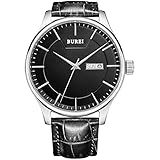 BUREI Men's Fashion Business Wrist Watches Stainless Steel Analog Quartz and Black Leather Strap