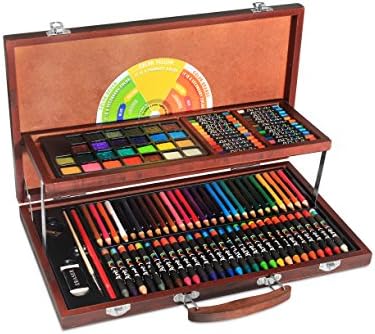 Art Drawing Set, 111 Pieces, Premium Crayons, Multi Colored Pencils, Safe Oil Pastels, Watercolor Painting Cakes in Pine Wood Case. Wonderful Gift for Artists, Babies, Kids, Pupils by Amayo Home