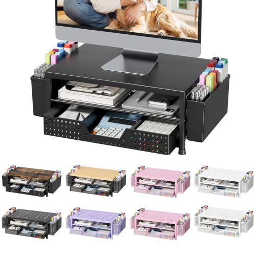 2 Tier Monitor Stand with Drawer Metal Desk Riser