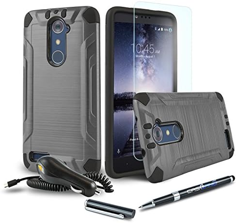 [ZTE Blade X Max] Case [Bundle][Brushed Series][Gun Metal] Hybrid Phone Cover [Dual Layer][Shockproof] with Car Charger, Screen Protector and CaselandUSA 2-in-1 Ball/Stylus Pen (Gun Metal)