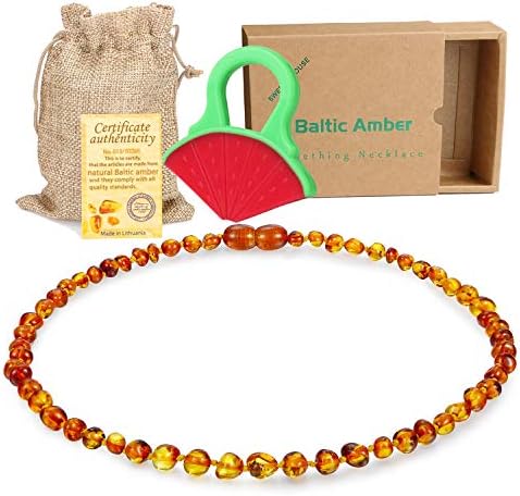 Raw Baltic Baby Amber Teething Necklace - (Cognac) Anti-Flammatory, Drooling & Free Teething Toy Pain Reduce - Reduces Tension and Fear, Teething Necklace for 3 to 36 Months Babies,Boys and Girls
