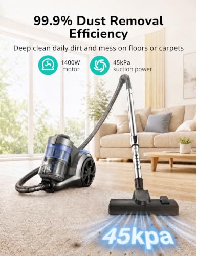 1700W Canister Vacuum Cleaner, 45Kpa Bagless Vacuum Cleaner, Multi-Cyclonic Filtration, 2 Anti-Allergen photo 10