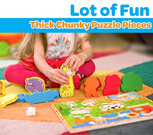 OKIKI Wooden Chunky Puzzles for Toddlers - Wild and Farm Animals - 14 Pieces with Full Board Illustrations (12 x 9 inches)