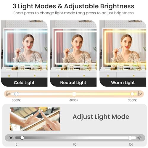 Pamapic Makeup Vanity Desk with Mirror and Lights, LED Light Strip Vanity with Glass Top, Crystal Knobs and Translucent Cabinet Doors, 3 Lighting Modes White Vanity with 3 Drawers