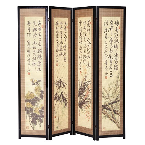 4 Panel Asian-Inspired Calligraphy Artwork Room Divider, Folding Wood Privacy Partition with Dual Hinges