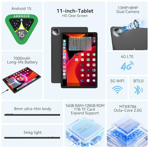 Tablet 11 inch Android 15 Tablet, 2025 Latest Update 128GB ROM 16GB RAM, 4G LTE Tableta, 5G WiFi+Cellular, Octa-Core MTK8786, 13+8 MP Rear and Front Camera,Incell FHD Screen, T-Mobile SIM Card Support