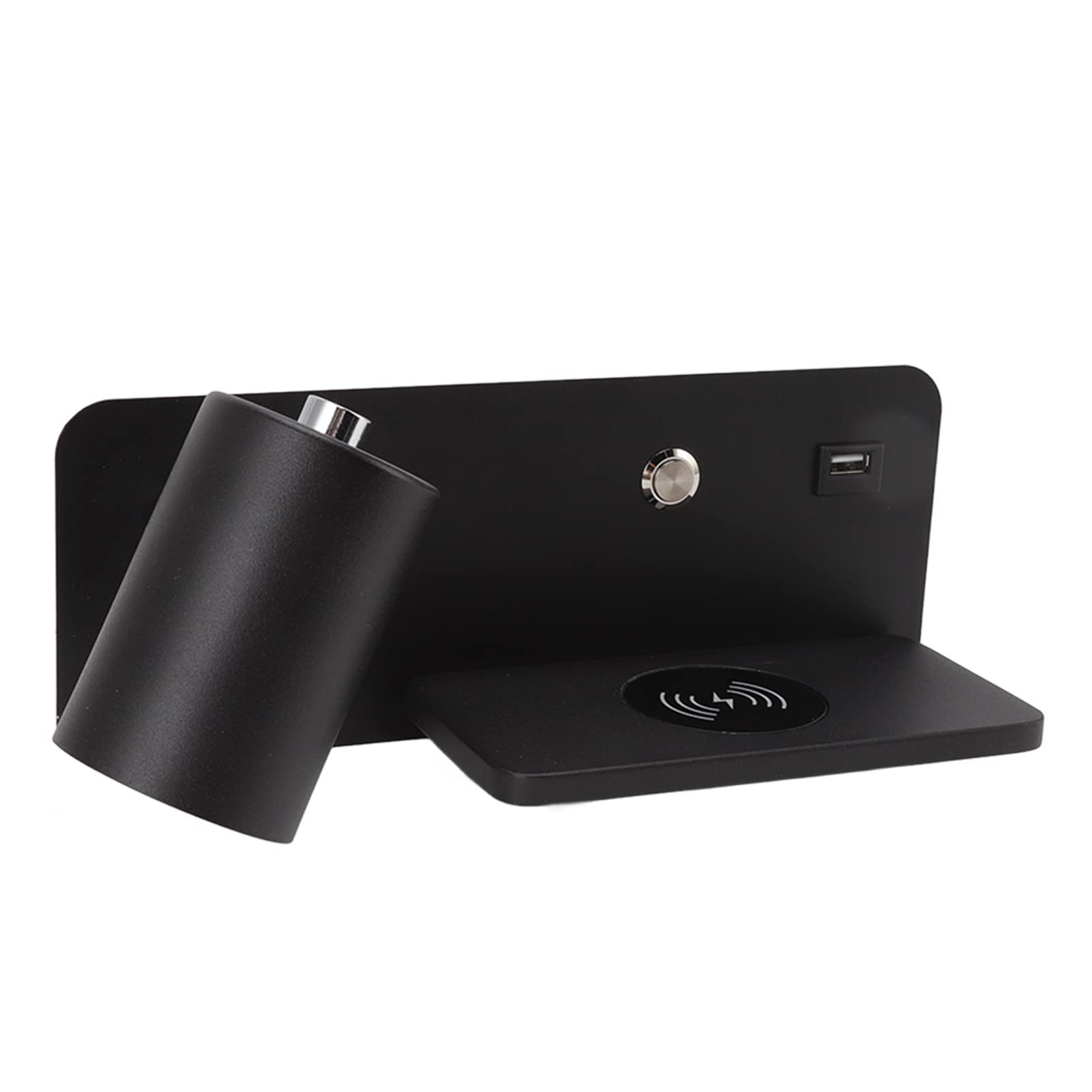 Fockety LED Wall Sconce With 5V USB Charging Port and Wireless Charger - Rotatable Warm Light Lamp for Bedroom, Living Room, Hotel (Black Left)