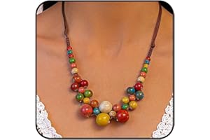 Colorful Boho Ceramic Beaded Necklace for Women Hippie Vintage Geometric Strand Bead Statement Choker Chunky Bohemian Necklac