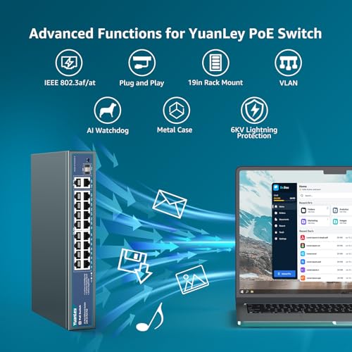 YuanLey 16-Port PoE Switch with 2 Gigabit Ethernet Uplinks, 1 SFP Port, 250W 802.3af/at PoE+ Support, Unmanaged Network Switch with AI Watchdog, VLAN, 6KV, Rack Mount