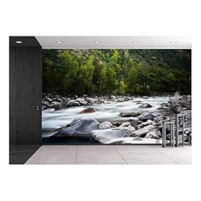 Landscape with a Creek in Mountains - Removable Wall Mural | Self-Adhesive Large Wallpaper - 66x96 inches