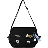 Fashion Crossbody Bag with Cute Accessories Nylon Casual Messenger Bag with Pendant Lightweight Handbag Travel Daypacks (Black)