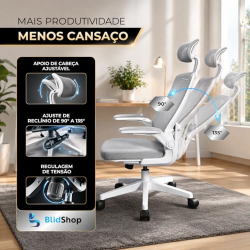 BlidShop Cadeira de Escritório Ergonômica, Suporte 120kg, Ajuste Lombar, Apoio de Cabeça, Tela Mesh Premium, Giratória, Home Office (Branca e Cinza)
