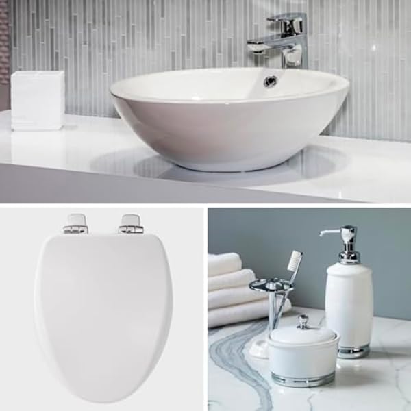 BEMIS ALESIO SLOW CLOSE TOILET SEAT, SLEEK CHROME HINGES AND ADJUSTABLE PERFECT FIT WOOD SEAT, MADE IN USA, ROUND, WHITE