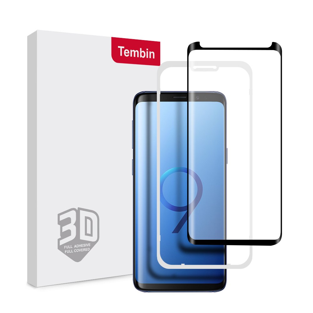 Tembin S9 Curved Edge Glass Screen Protector, 2 Pack Full Adhesive [ Leather Case Friendly ] Premium HD Clear Full Coverage Screen Film Dust Free Anti Scratch Screen Cover for Samsung Galaxy S9