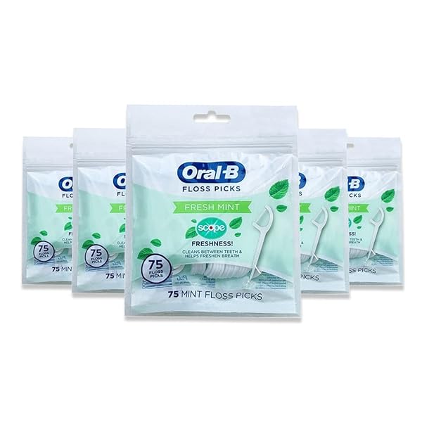 ORAL-B FLOSS PICKS FRESH MINT WITH SCOPE FRESHNESS, SHRED RESISTANT, 75 COUNT (PACK OF 5)