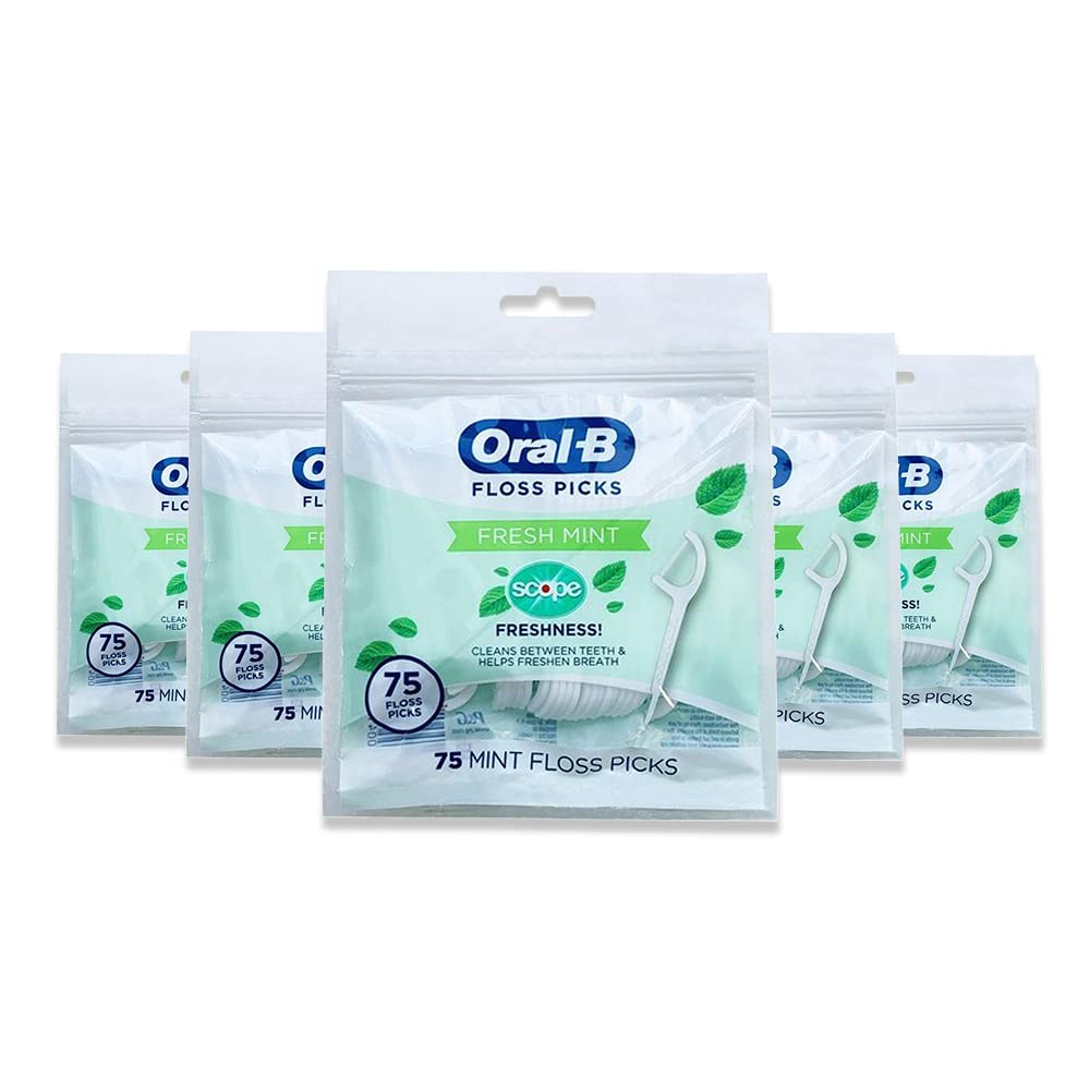 Oral-B Fresh Mint Floss Picks with Scope Freshness, Shred Resistant, 75 Count (Pack of 5)