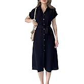 Women's Short Sleeve Button Down Shirt Dress Casual Loose Belted Summer Midi Dress