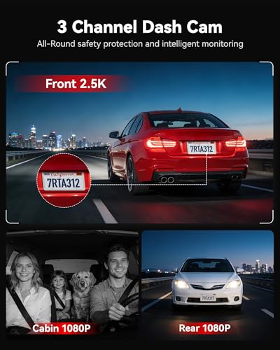 REDTIGER A3 Camara para Carro 3 Canales WiFi, 2.5K+1080P+1080P Delantera/Trasera/Interior, Pantalla 3.18'', Visión Nocturna IR, Grabación en Bucle, Estacionamiento 24H, Soporta 256GB