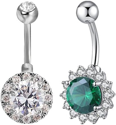 Calors Vitton 2 Pcs 14G Surgical Steel Belly Button Rings Round Cubic Zirconia Navel Jewelry Body Piercing Clear&Green 11
