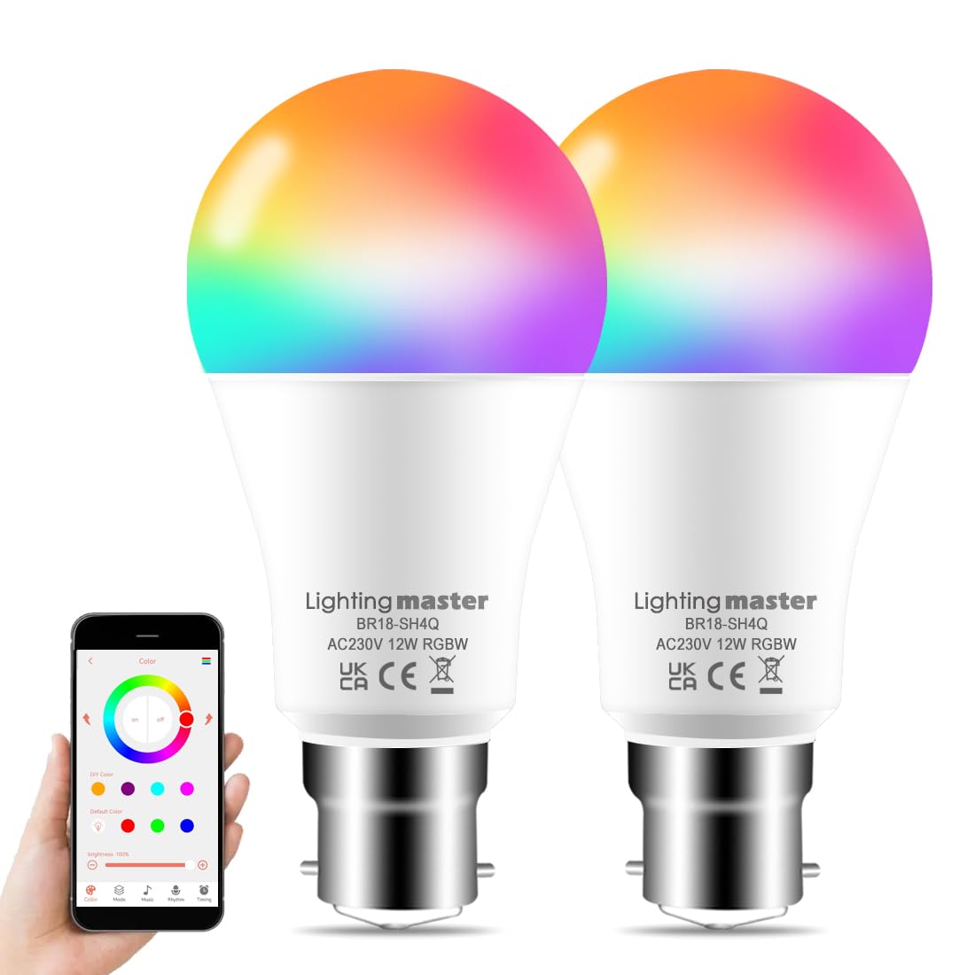 Lighting master Alexa Light Bulbs 12W 1280LM, Bluetooth Smart Bulb Colour Changing, 16 Million RGB Colours + Warm to Daylight White Dimmable, B22 Bayonet Led Bulbs by APP and Voice Control (2 Pack)