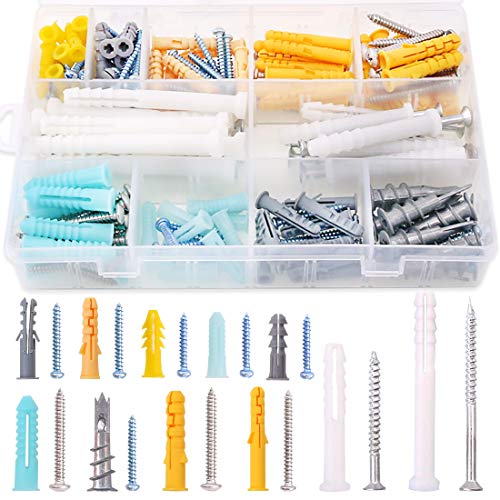 Rustark 220Pcs [11 Sizes] Plastic Self Drilling Drywall Ribbed Anchors Hollow Drywall Anchors